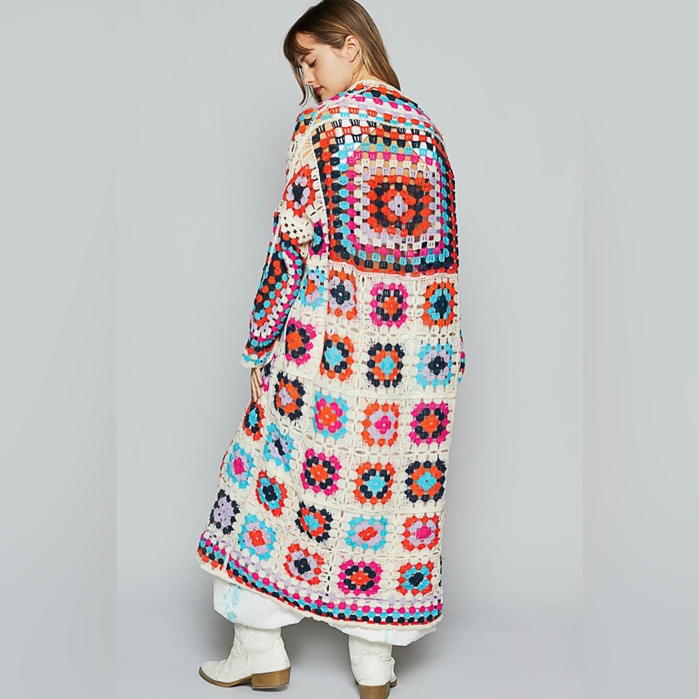 #127 New! Pol Gorgeous Boho Multi Colored Crochet Patchwork Sweater Coat - Picture 3 of 5